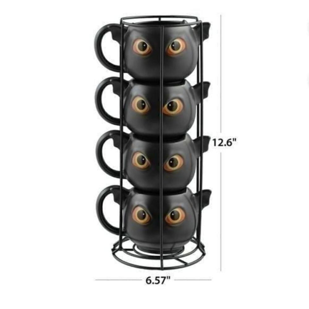 New Halloween 4 pc Black Bat-Ceramic Stacking Mug Set with Metal Rack
